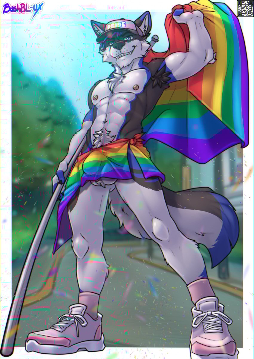 anthro armpit armpit_hair balls bashbl-ux body_hair canid canine canis clothing flag footwear genitals happy_trail hi_res lgbt_pride male male/male mammal pink_clothing pink_footwear pink_shoes pride_colors pubes public public_nudity qr_code rainbow_flag rainbow_pride_flag rainbow_symbol shoes solo street wolf
