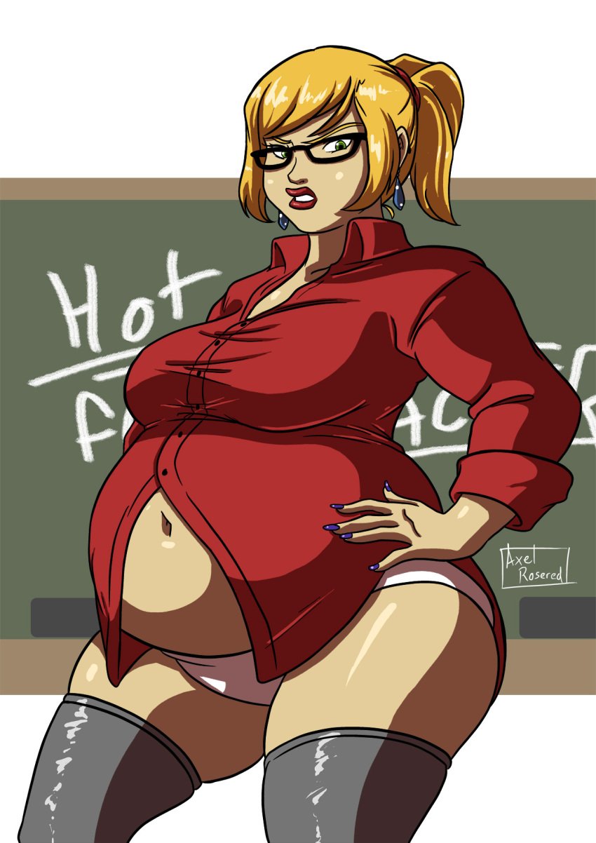 angry axel-rosered bloated bloated_belly blonde_hair breasts chalkboard chubby chubby_female collared_shirt earrings fat female female_only glasses hands_on_hips innie_belly_button large_breasts navel no_pants panties ponytail red_shirt scowl solo stretched_clothing swollen swollen_belly teacher thick_thighs thighhighs unbuttoned unbuttoned_shirt white_background white_panties wide_hips