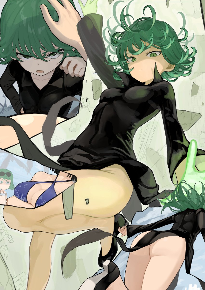 2girls absurdres ass bikini black_dress black_footwear blue_bikini breast_envy breasts cleavage commentary_request curly_hair dress female female_focus fubuki_(one-punch_man) green_eyes green_hair hair_between_eyes halterneck highres large_breasts looking_at_viewer mameroku matching_hair/eyes multiple_girls multiple_views one-punch_man petting shoes short_hair small_breasts swimsuit tatsumaki thighs