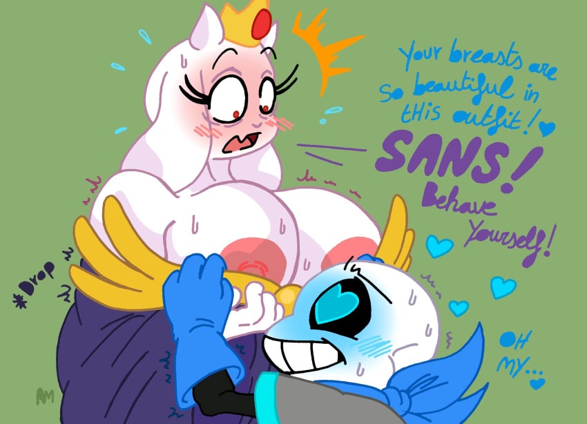 1boy 1girls big_breasts blush blush bone breasts clothing dress embarrassed female goat heart love male nipples queen sans skeleton smile toriel underswap