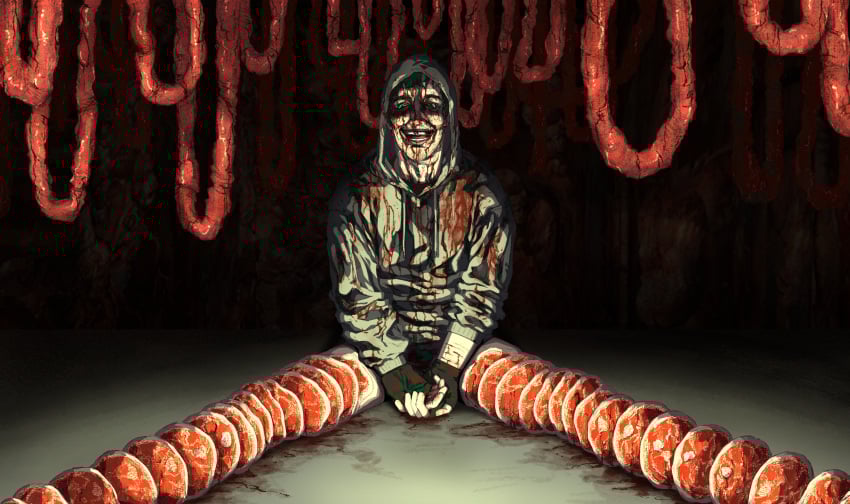 1boy absurdres bandaged_arm bandages black_gloves black_hair black_sclera blood blood_from_forehead blood_on_bandages blood_on_clothes blood_on_face blurry bright_pupils colored_sclera crazy_grin cry_of_fear depth_of_field dismemberment fingerless_gloves food gloves grey_hoodie guro hands_on_lap hanging_food highres hood hood_up hoodie implied_guro intestines looking_at_viewer male male_focus meat on_ground partially_shaded_face psakhich short_hair simon_henriksson_(book) sitting sleeve_rolled_up solo spotlight upper_body white_pupils
