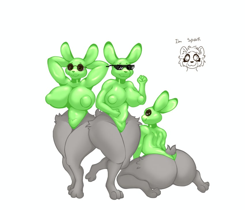 big_areola big_breasts big_butt big_nipples glasses green_nipples green_skin latex latex_bodysuit latex_bunny_(zootopia) latex_skinsuit latex_suit looking_at_viewer milf milfs rabbit rabbit_ears rabbit_girl rabbit_tail sparkv sparkvick trio trio_female wide_ass wide_hips zootopia zootopia_2