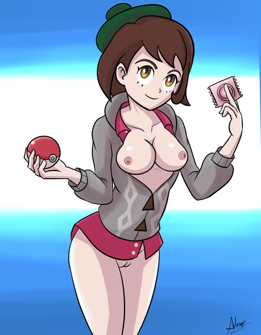 1girls areolae atnog beret breasts brown_hair condom condom_wrapper exposed_breasts female gloria_(pokemon) hair highres innie_pussy nintendo nipples pokeball pokemon pokemon_ss pussy video_game yellow_eyes