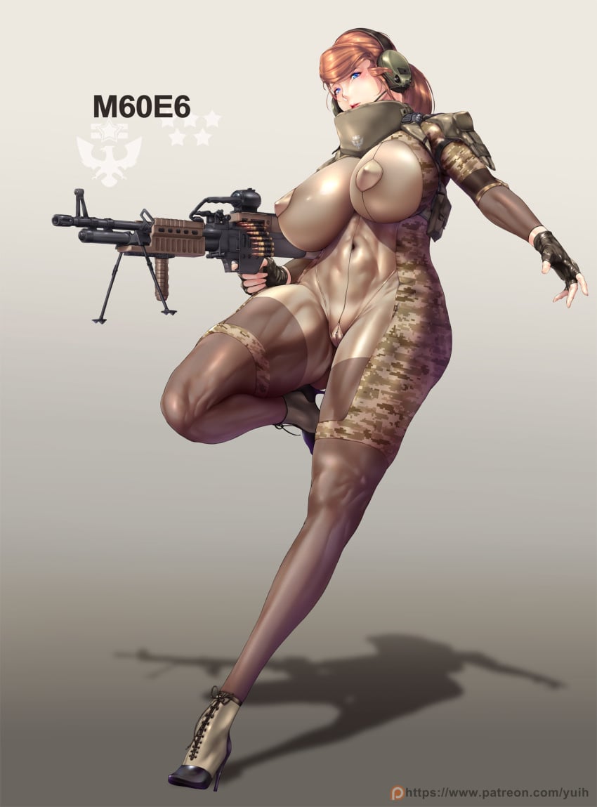 1girls abs big_breasts bodysuit breasts cleavage female female_only gun high_heels large_breasts nipple_bulge solo yui.h