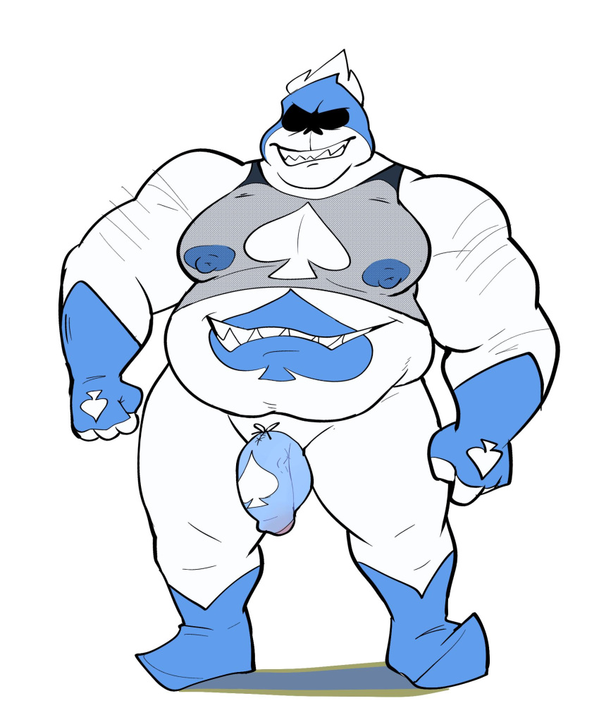 1boy 2019 belly clothing cock_sock darkner deltarune elfein front_view hi_res humanoid king_spade legwear male male_only moobs nipples overweight overweight_male penis penis_clothing simple_background smile socks solo solo_male standing stomach_mouth underwear vein veiny_penis video_games white_background