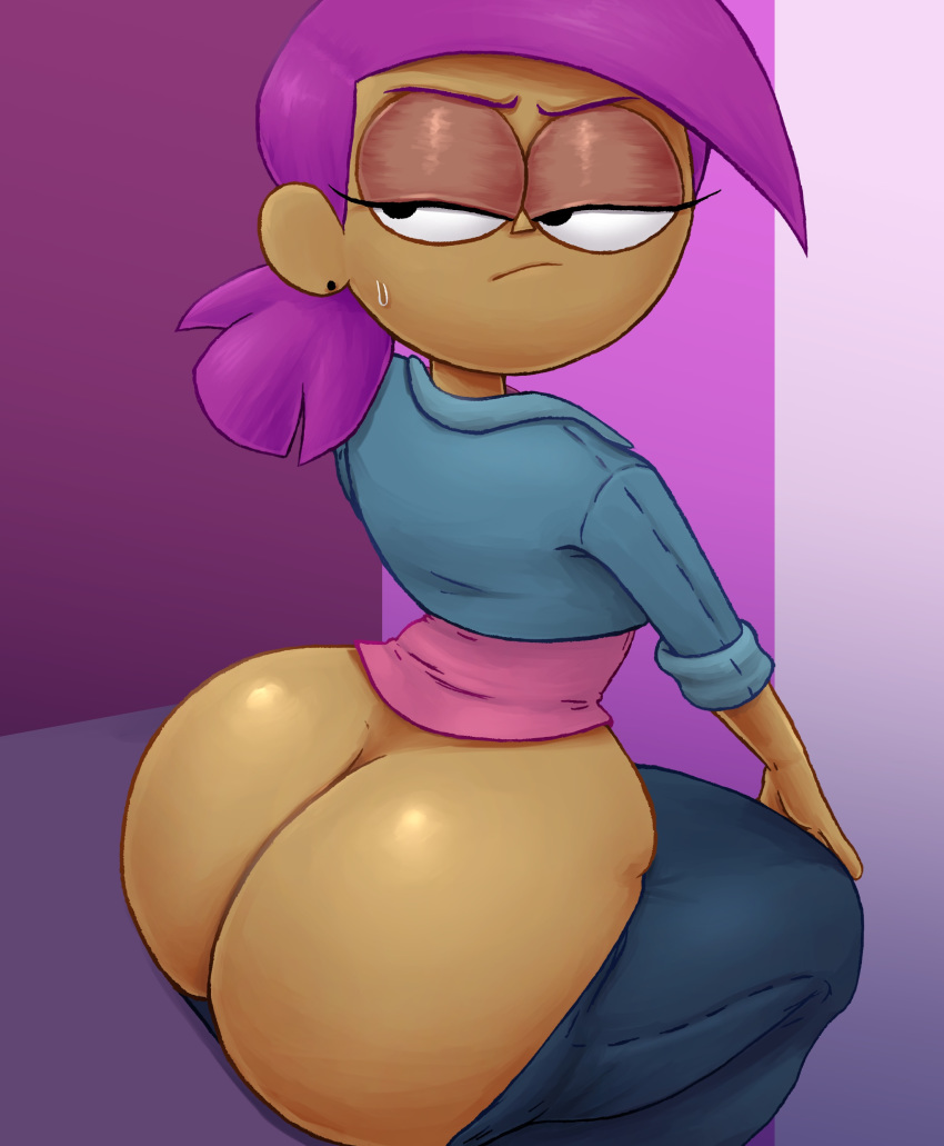 1girls annoyed ass ass_cleavage big_ass big_butt butt butt_crack dark_skin enid enid_mettle fat_ass fat_butt female female_only huge_ass huge_butt jigglytoons looking_back no_panties ok_k.o.!_let's_be_heroes pants_down purple_hair redbone solo thick_thighs wide_hips