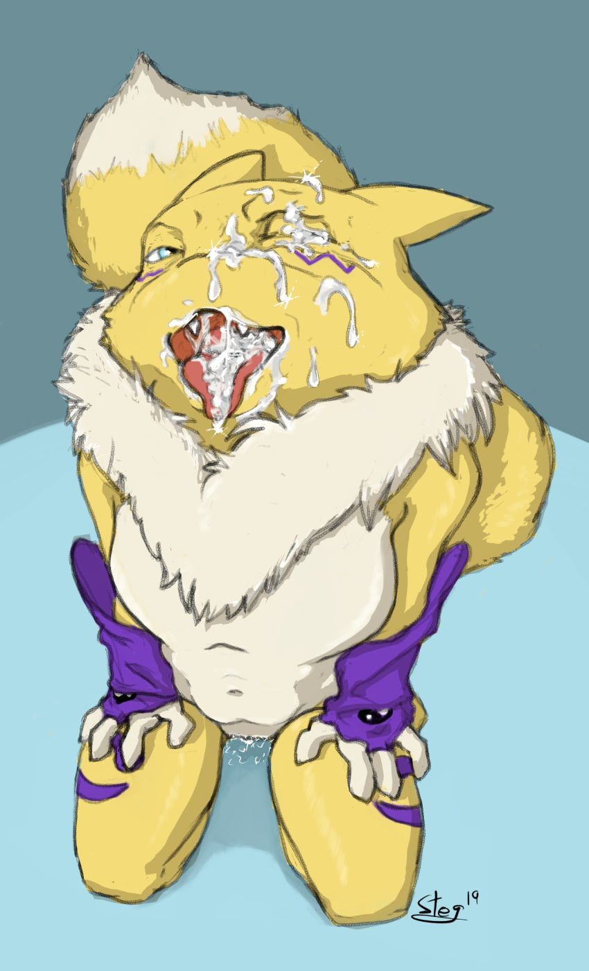 bodily_fluids cum cum_in_mouth cum_inside cum_on_face cum_on_tongue digimon digimon_(species) dripping female genital_fluids hi_res kneeling koosh-ball money_shot pussy_juice renamon smile solo tongue wet