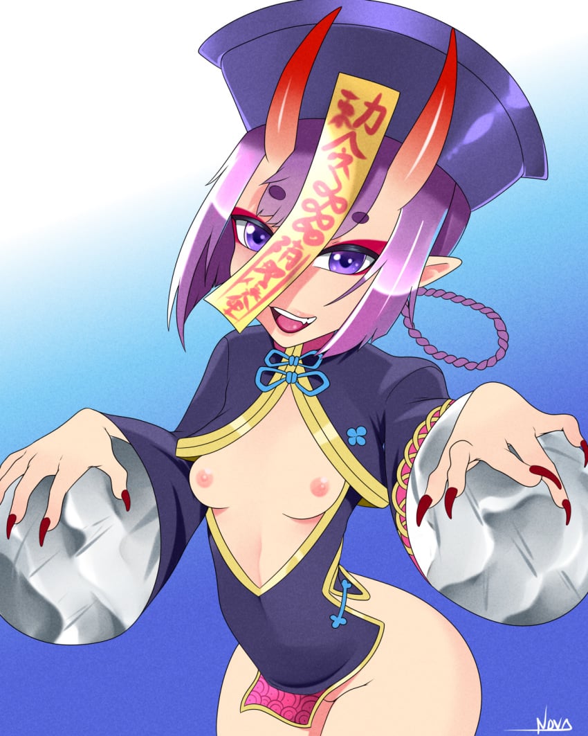 1girls areolae breasts breasts_out fate/grand_order fate_(series) female female_only flat_chest nipples purple_eyes purple_hair scorchingnova shuten_douji_(fate) small_breasts solo