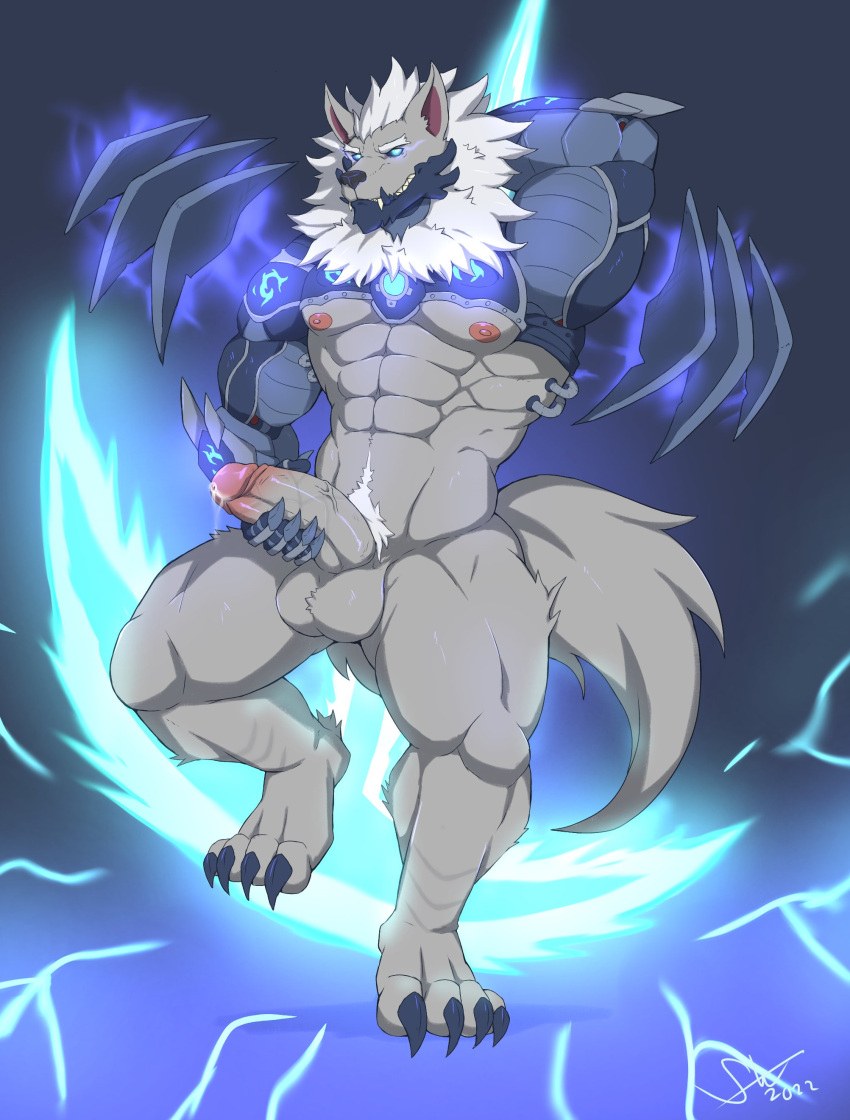 abs absurd_res anthro armor balls big_muscles big_penis blue_eyes bodily_fluids canid canine canis claws fur genital_fluids genitals grey_body grey_fur hi_res humanoid_genitalia humanoid_penis male mammal muscular muscular_male nickgray nipples pecs penis precum pubes solo wolf