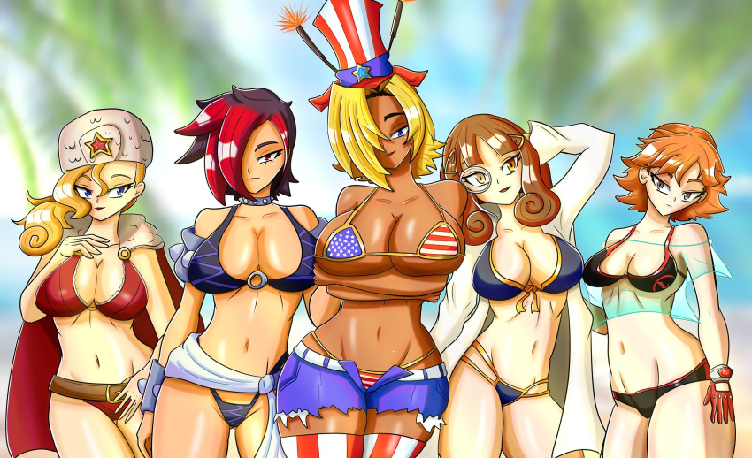 5girls alternate_costume alternate_hair_color alternate_hair_length alternate_hairstyle american_flag american_flag_bikini american_flag_hat american_flag_legwear aoki_hagane_no_arpeggio ash_(paladins) beach belt bikini bimbo black_bikini black_hair blonde_hair blue_bikini blue_eyes blurry_background breast_hold brown_eyes brown_hair casual character_request choker clothing collarbone cowboy_shot crossover cutoffs dark-skinned_female dark_skin denim denim_shorts front-tie_bikini front-tie_top gloves hair_ornament hair_over_one_eye hand_on_own_head highleg highleg_bikini highres khan_(paladins) lace-trimmed_bra large_breasts long_hair looking_at_viewer lowleg lowleg_bikini medium_breasts medium_hair monocle multi-strapped_bikini multiple_girls navel o-ring_top open_clothes paladins posing red_bikini red_cape red_eyes red_gloves red_hair rule_63 short_hair spiked_collar standing string_bikini swimsuit thick_thighs top_hat two_tone_hair tyra_(paladins) unbuttoned ushanka