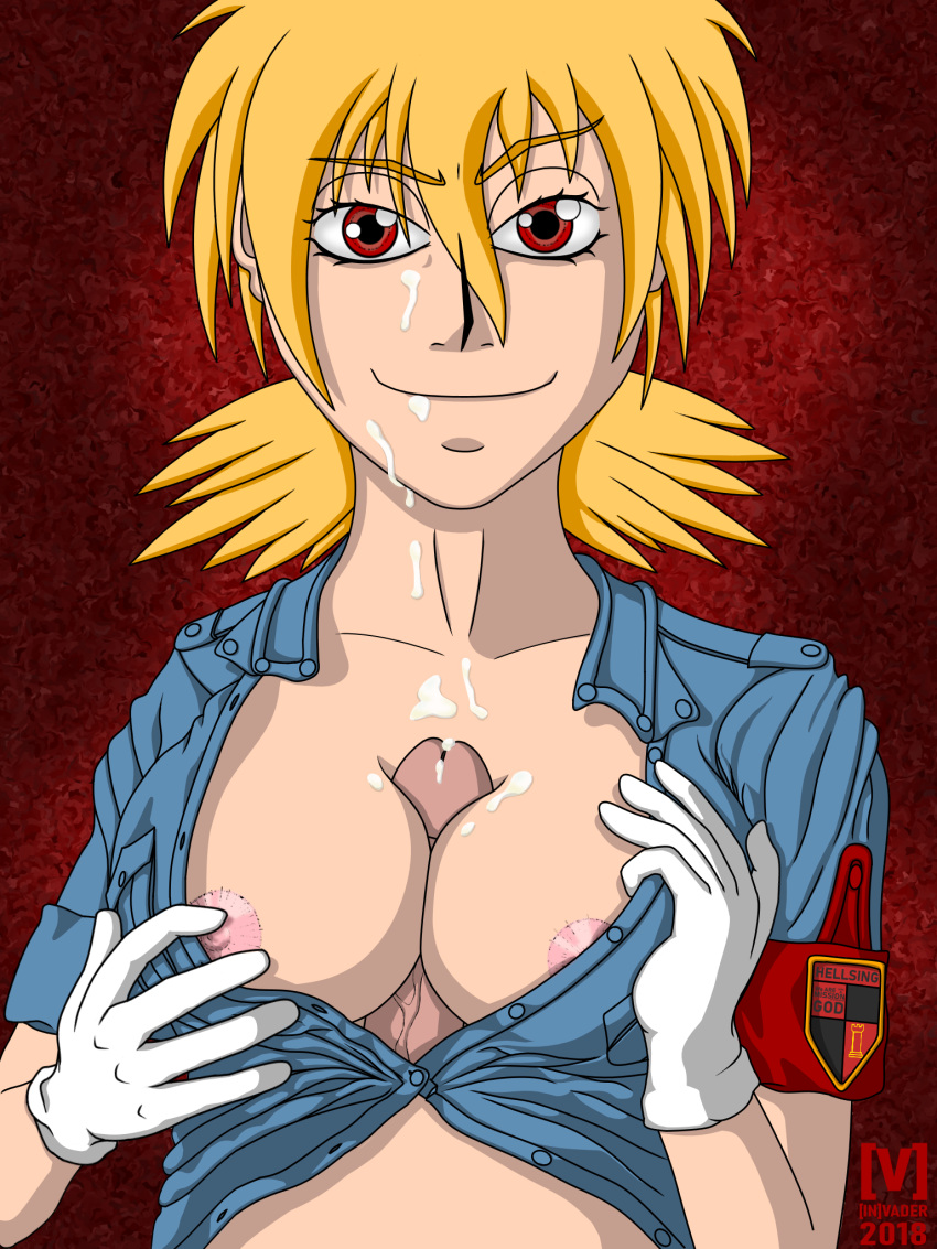 2018 [in]vader blonde_hair breasts breasts_out clothing cum cum_on_breasts cum_on_face disembodied_penis female gloves hellsing looking_at_viewer nipples paizuri penis red_eyes seras_victoria short_hair vampire white_gloves