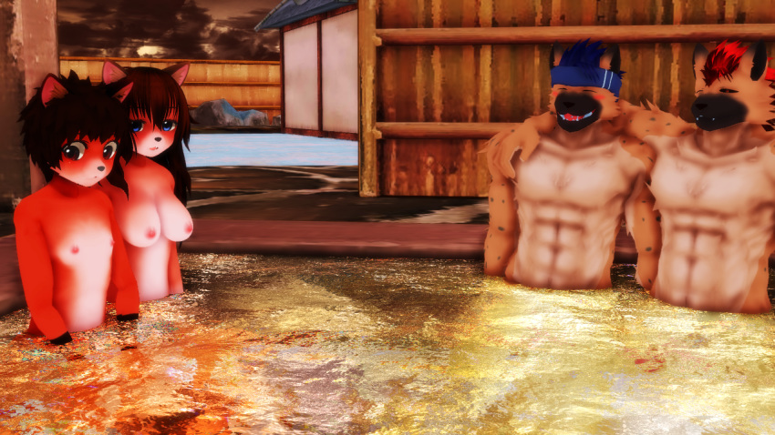 16:9 2019 3d anthro blush breasts brother brothers canid canine female fox hot_spring hyaenid male malicekira mammal muscular muscular_male nipples nude open_mouth partially_submerged penis sibling sister smile spotted_hyena twins waidan_kai water