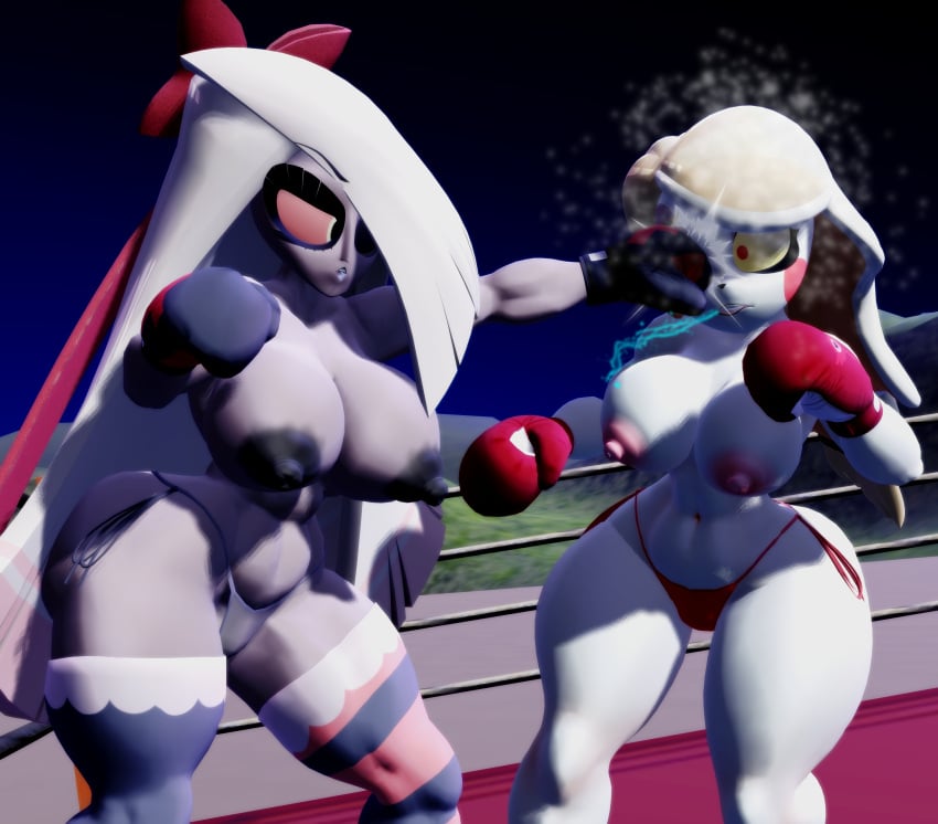 2girls 3d 3d_(artwork) beach_boxing big_breasts big_thighs black_boxing_gloves black_gloves boxing boxing_gloves boxing_match boxing_ring breasts catfight charlie_morningstar_(hazbin_hotel) demon_girl duo female female_focus female_only fight fighting fighting_ring gloves hazbin_hotel huge_breasts josugomezofficialnew large_breasts nipples punch punching punching_face red_boxing_gloves red_gloves ryona saliva sand thick thick_hips thick_thighs thighs topless topless_boxing topless_female vaggie_(hazbin_hotel) wide_hips yuri