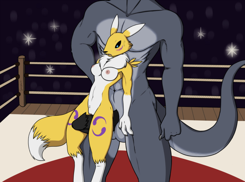 anthro being_watched breasts canid canine defeated digimon digimon_(species) erection faceless_male female fighting_ring fox fur gravyfox hi_res looking_at_another male mammal muscular nude pussy renamon ring scalie sex thigh_sex wrestling yellow_fur