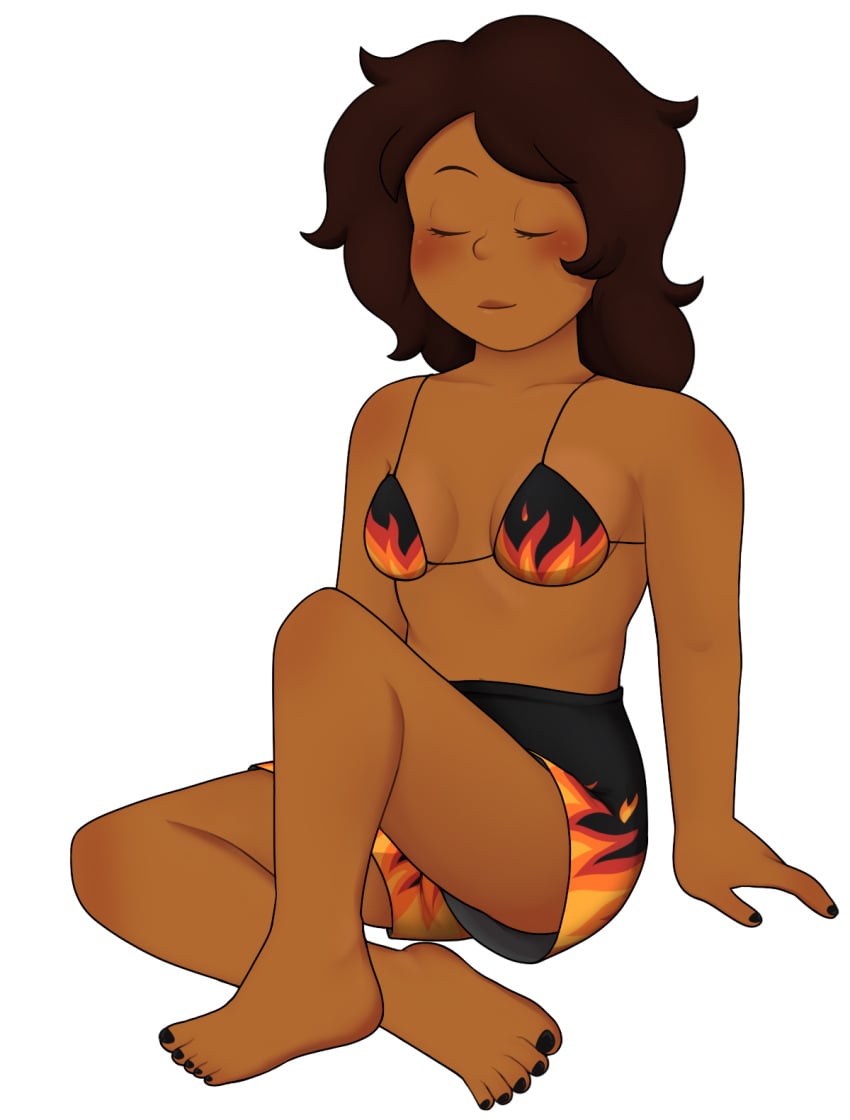 1female 1girls barefoot black_nail_polish black_nails blush brown_hair closed_eyes closed_smile color colored cute dark-skinned_female dark_hair dark_skin digital_drawing_(artwork) digital_media_(artwork) female female_human female_only fire flame_print happy happy_female hotfiresu human latina medium_breasts medium_hair nail_polish nails_painted no_visible_genitalia not_ai_generated not_porn oc original original_character relaxed safe safe_for_work simple_shading sitting_down smile smiling solo swimming_trunks swimsuit swimwear tan_body topwear