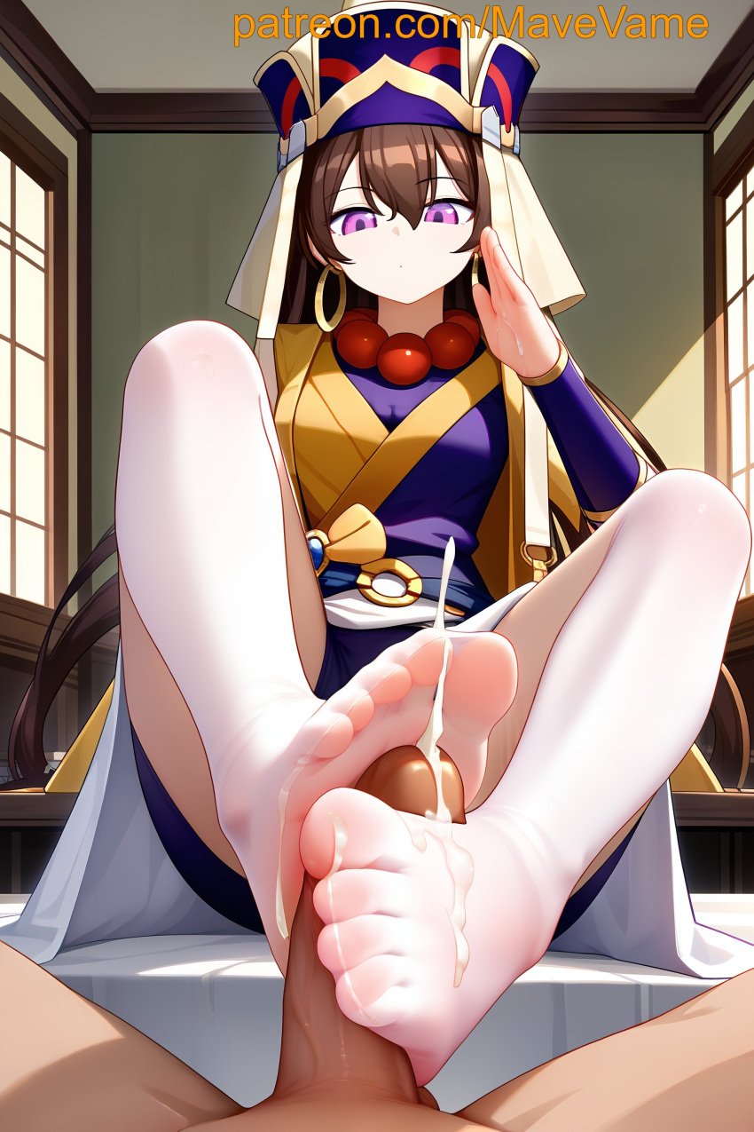 ai_generated brown_hair cum cum_on_foot cum_on_tights cumming earrings fate/grand_order foot_fetish footjob masturbation penis penis_on_foot purple_eyes tights xuanzang_(fate)