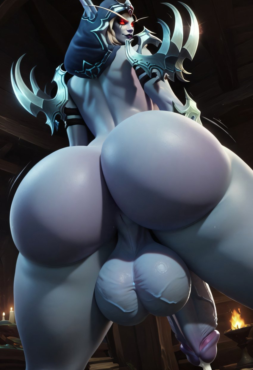 3d ai_generated ass_focus big_balls big_breasts big_penis blizzard_entertainment blonde_hair cum elf elf_futanari female female_only futa_balls futa_only futanari huge_ass huge_balls huge_cock red_eyes sylvanas_windrunner thick_thighs undead_(warcraft) undead_elf undead_futa wide_hips world_of_warcraft