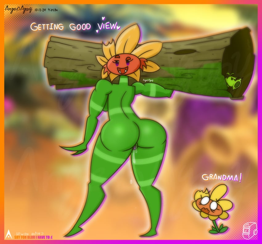 2d 2d_(artwork) agonywelds ass ass_focus cavewoman curvy female femdom looking_at_viewer muscular_female plantie plants_vs_zombies presenting_hindquarters primal_peashooter_(pvz) primal_sunflower_(pvz) pussy pussy_juice pvz smug sunflower_(pvz) text thick_ass thick_thighs thighs