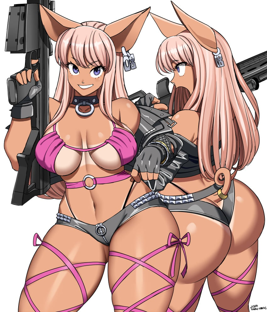 2023 absurdres adjusting_clothes adjusting_panties animal_ears anti-materiel_rifle armpits ass assault_rifle barrett_m82 bikini_tan black_choker black_jacket blue_eyes bracelet breasts butt_crack choker closed_mouth cropped_jacket earrings female fingerless_gloves genderswap_(mtf) gloves gun hand_on_own_hip highres holding holding_gun holding_weapon jacket jewelry journey_to_the_west kansu-kansu long_hair looking_at_viewer medium_breasts multiple_views navel off-shoulder_jacket off_shoulder panties parted_lips pig_ears pig_girl pig_nose pig_tail pink_hair pink_ribbon ribbon rifle rose_(zaiyuki) rule_63 signature simple_background single_earring smile sniper_rifle tail tan tanline underboob underwear weapon white_background zaiyuki zhu_bajie