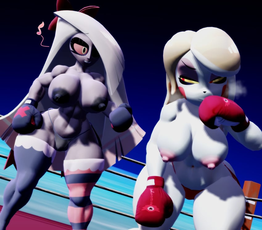 2girls 3d 3d_(artwork) big_breasts big_thighs black_boxing_gloves black_gloves boxing boxing_gloves boxing_match boxing_ring breasts catfight charlie_morningstar_(hazbin_hotel) demon_girl duo female female_focus female_only fight fighting fighting_ring gloves hazbin_hotel huge_breasts josugomezofficialnew large_breasts nipples on_knees red_boxing_gloves red_gloves ryona taunting thick thick_thighs thighs topless topless_boxing topless_female vaggie_(hazbin_hotel) vs wide_hips wiping_mouth yuri