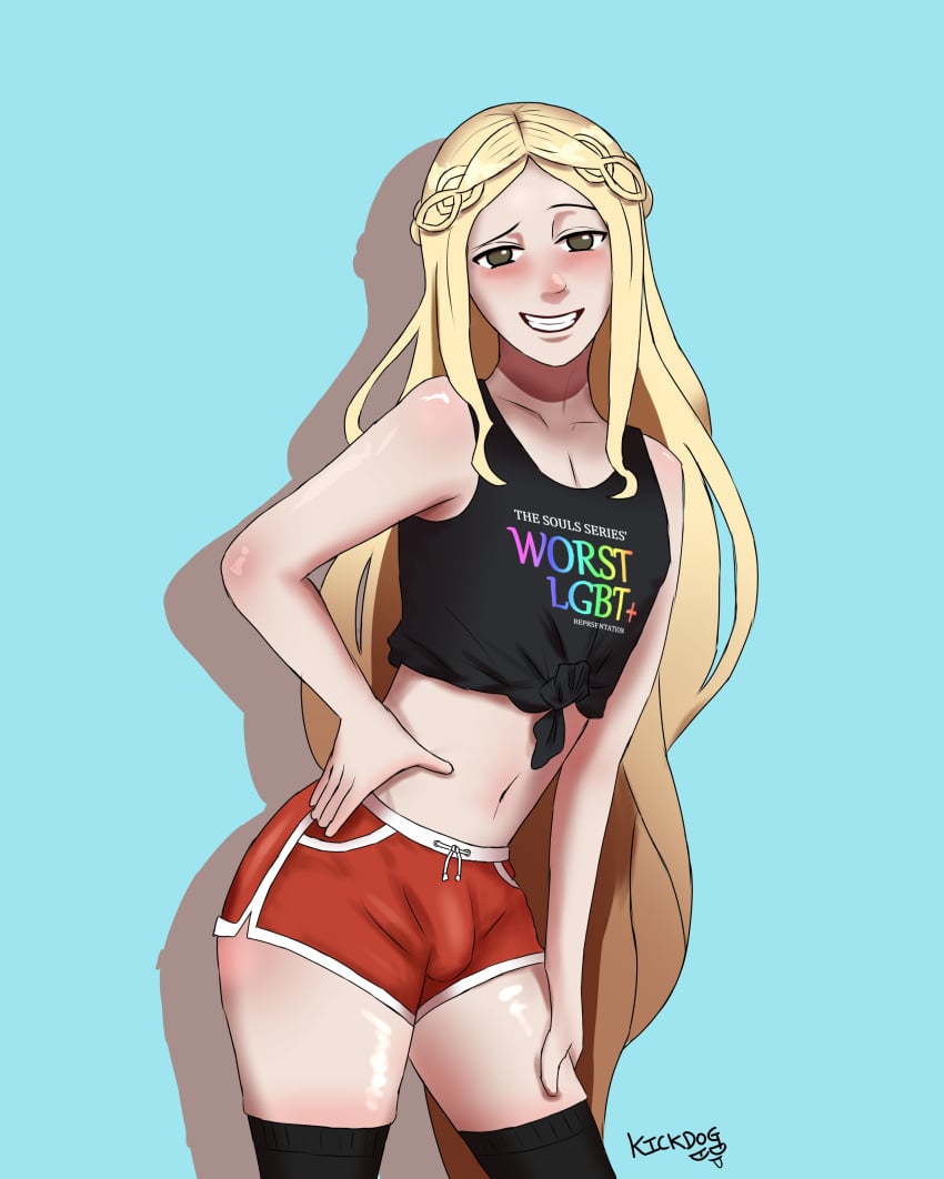 1boy big_ass blonde_hair bulge bulge_through_clothing crop_top elden_ring femboy fromsoftware funny kickdog lgbt_pride_colors looking_at_viewer male_only meme midriff miquella navel shadow_of_the_erdtree short_shorts smile thick_thighs