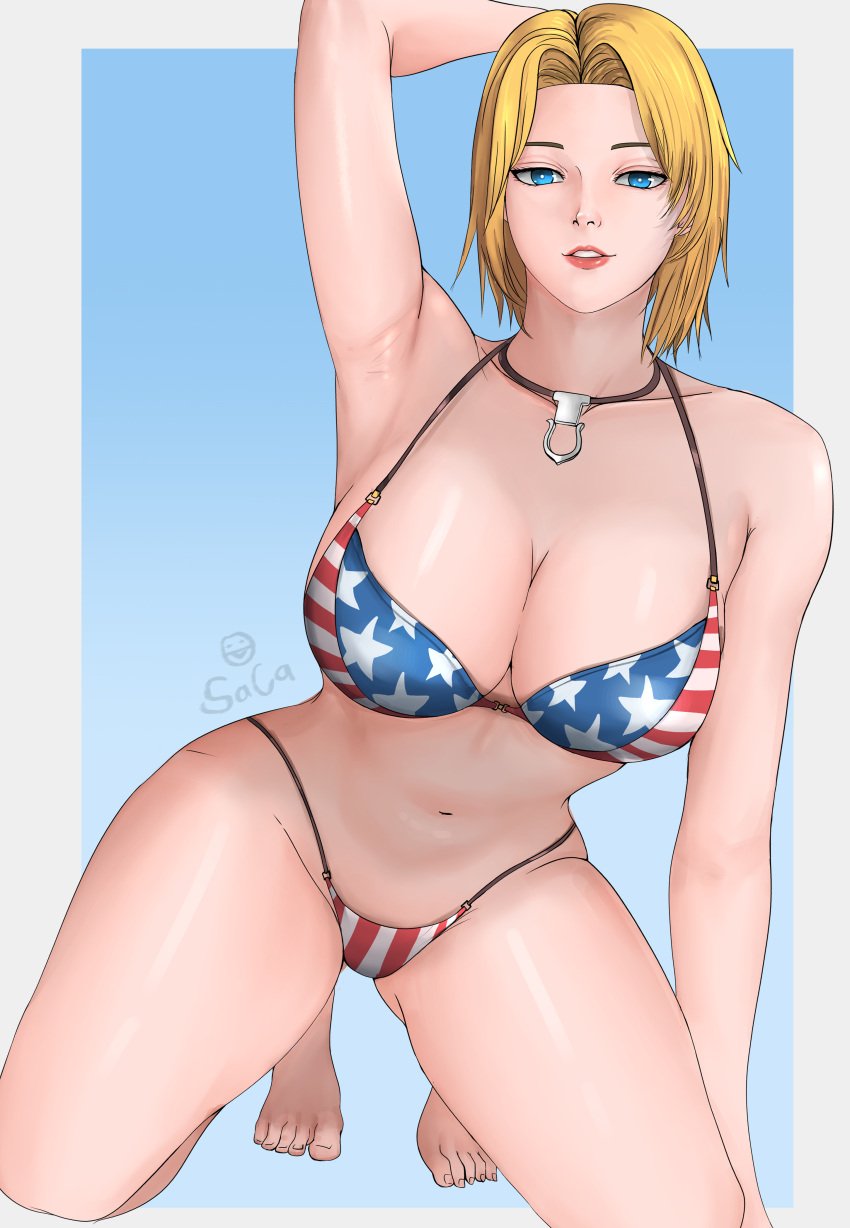 1girls absurd_res american_flag_bikini barefoot big_breasts bikini blonde_hair blue_eyes border breasts cleavage dead_or_alive feet female female_only fully_clothed gradient_background hi_res highleg highleg_bikini horseshoe kneeling looking_at_viewer medium_hair micro_bikini necklace parted_lips pose revealing_clothes saca signature simple_background skimpy_clothes solo swimsuit team_ninja tecmo thighs tina_armstrong voluptuous voluptuous_female wide_hips