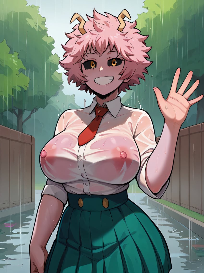 1girls ai_generated ashido_mina boku_no_hero_academia mina_ashido my_hero_academia rain raining school_uniform see-through see-through_clothing skirt smile solo solo_female tagme upper_body userisbad waving waving_at_viewer wet wet_clothes