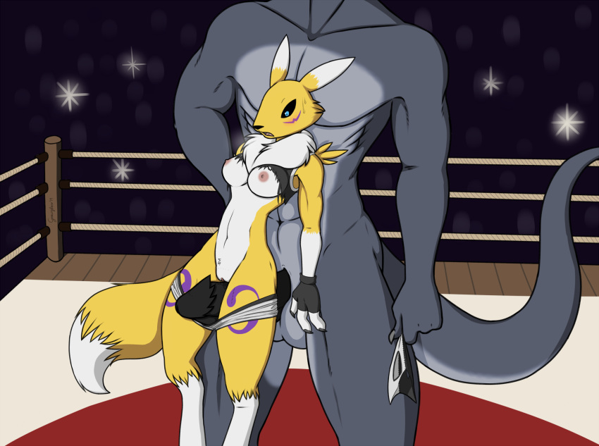 anthro being_watched breasts canid canine clothed clothing defeated digimon digimon_(species) erection faceless_male female fighting_ring fox fur gravyfox hi_res looking_at_another male mammal mask muscular pants_down partially_clothed pussy renamon ring scalie sex thigh_sex torn_clothing wrestling yellow_fur