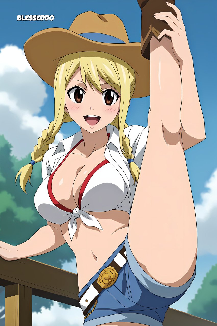 1girls ai_generated blesseddo blonde_hair boob_window fairy_tail leg_grab leg_up looking_at_viewer lucy_heartfilia short_hair solo