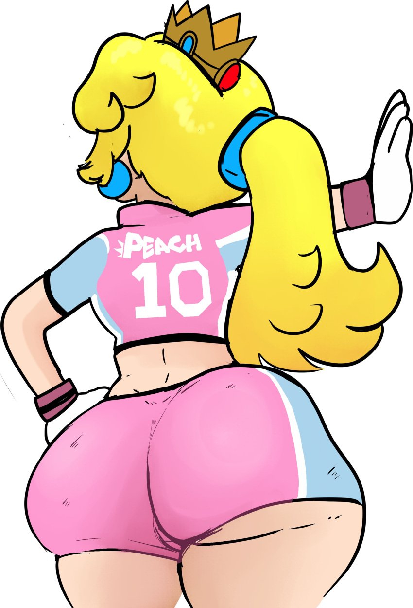 ass back back_view big_ass blonde_hair female huge_ass lemonadepikachu mario_(series) mario_strikers mario_strikers_peach_back_view_redraw_(meme) nintendo pawg pink_outfit pink_shorts ponytail princess princess_peach redraw royalty screencap_redraw solo solo_focus thick_thighs white_background