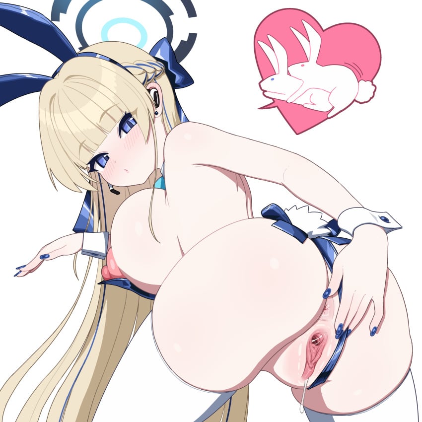 absurdres animal_ears anus ass bent_over blonde_hair blue_archive blue_eyes blue_hair blue_leotard blue_nails blush breasts closed_mouth clothing_aside cromachina fake_animal_ears fake_tail female fingernails from_behind halo highres huge_breasts leotard leotard_aside long_fingernails long_hair looking_at_viewer looking_back multicolored_hair nipples pussy rabbit rabbit_ears rabbit_tail skindentation solo streaked_hair tail thighhighs toki_(blue_archive) toki_(bunny)_(blue_archive) uncensored very_long_hair white_background white_thighhighs white_wrist_cuffs wrist_cuffs