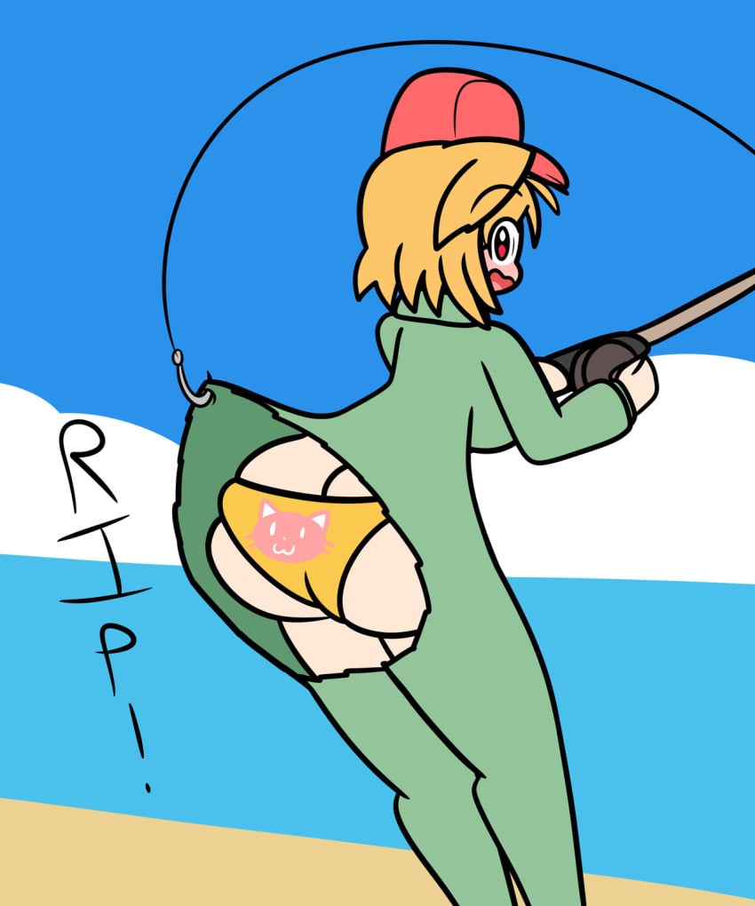 2023 arcueid_brunestud ass ass_focus background blonde_hair blush bubble_butt cap colored embarrassed fishing fishing_rod flustered hat huge_ass huge_breasts jumpsuit looking_back melty_blood red_eyes ripped_clothing ripping_bodysuit ripping_clothes shocked short_hair tear tearing_clothes tsukihime vampire vampire_girl yoshister