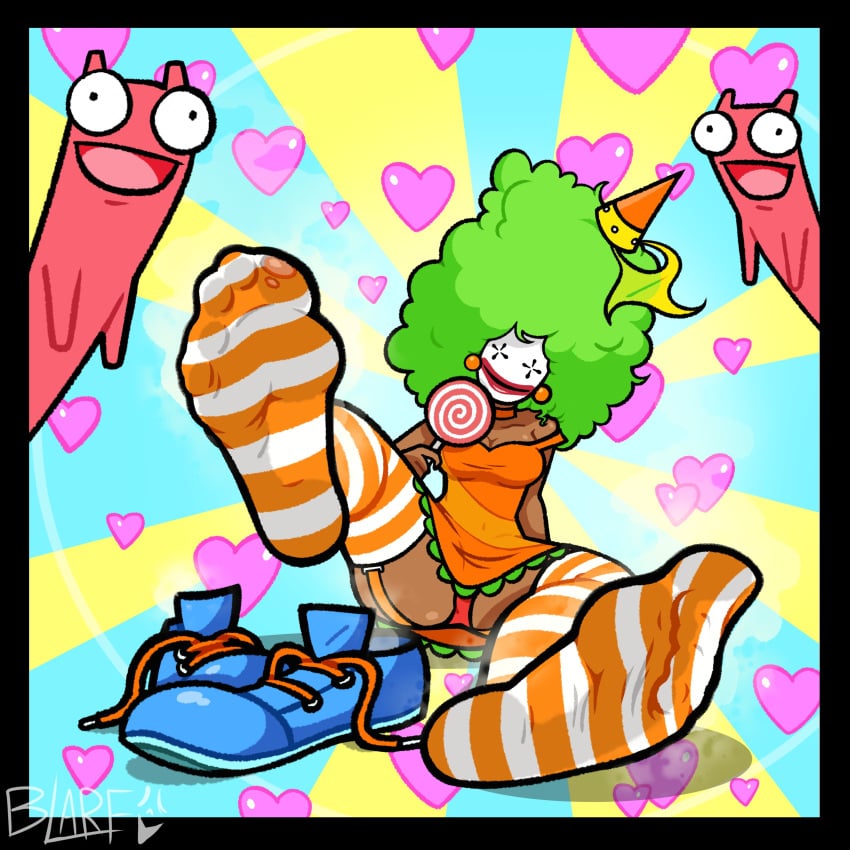 1girls blarf022 castle_crashers cleavage clown clown_girl clown_shoes dark-skinned_female dark_skin feet feet_in_stockings foot_fetish foot_focus lollipop musk musky_feet newgrounds orange_princess_(castle_crashers) panties panty_shot shoes_removed smell smelly_feet striped_legwear striped_stockings unworn_shoes