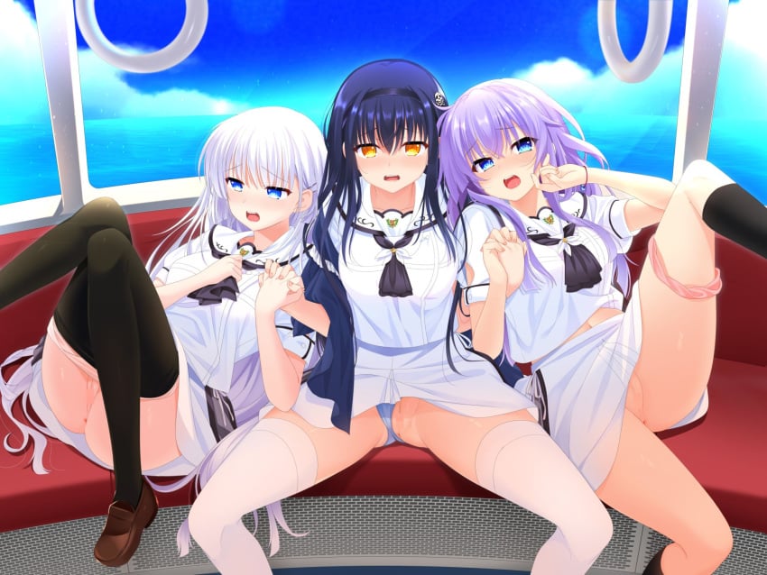 3girls anus aroused ascot ass_visible_through_thighs black_ascot black_capelet black_hair black_hairband black_pantyhose black_socks blue_eyes blue_panties blue_sky blunt_ends blush bone_hair_ornament brown_footwear capelet censored clothes_lift clothes_pull clothing_aside commission crossed_bangs day eyes_visible_through_hair feet_out_of_frame fingernails foot_out_of_frame hair_behind_ear hair_between_eyes hair_ornament hairband hairclip hands_up highres holding_hands indoors interlocked_fingers kneehighs knees_together_feet_apart kushima_kamome leg_lift loafers long_hair looking_at_viewer lying mosaic_censoring multiple_girls naruse_shiroha navel nose_blush ocean official_alternate_costume official_style on_back open_mouth otou_(otou_san) panties panties_around_one_leg panties_aside pantyhose pantyhose_pull pink_panties puffy_short_sleeves puffy_sleeves purple_hair pussy raised_eyebrows ringed_eyes sailor_collar saliva school_uniform serafuku shirt shoes short_sleeves side-by-side sidelocks sitting skeb_commission skirt skirt_lift skull_and_crossbones skull_hair_ornament sky socks sorakado_ai spread_legs straight_hair summer_pockets teeth thighhighs thighs underwear upper_teeth_only variant_set white_hair white_sailor_collar white_serafuku white_shirt white_skirt white_thighhighs window yellow_eyes zettai_ryouiki