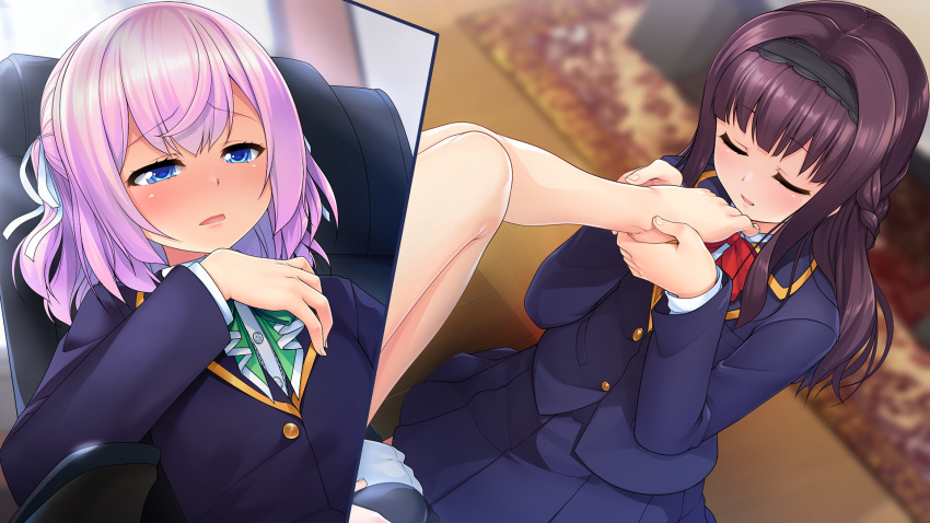 2boys aogiri_penta armchair ayanohara_mikage_(trap_yuri_garden) barefoot blue_eyes blush brown_hair chair closed_eyes eyebrows_visible_through_hair feet femboy foot_fetish foot_worship game_cg gay hair_ornament hair_ribbon hi_res highres holding_foot homosexual indoors kidou_iori_(trap_yuri_garden) kneeling long_hair maid_headdress male_only otoko_no_ko pink_hair png short_hair sitting trap trap_on_trap yaoi