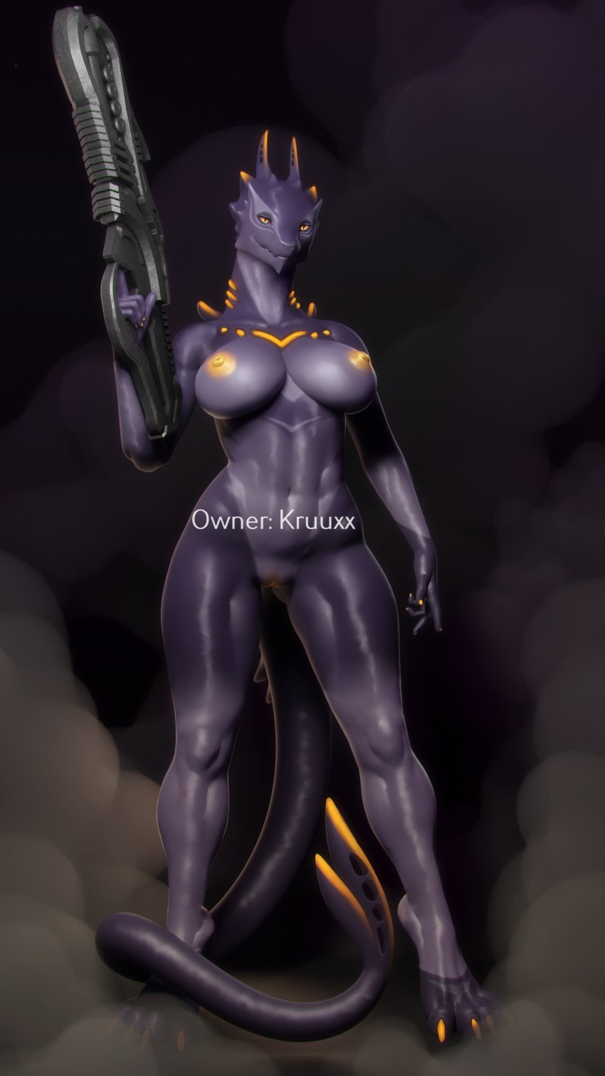 absurd_res alien apulaz dragon female genitals glowing glowing_eyes glowing_genitalia glowing_markings hi_res horn humanoid markings muscular mythological_creature mythological_scalie mythology phegi scalie solo thick_thighs weapon