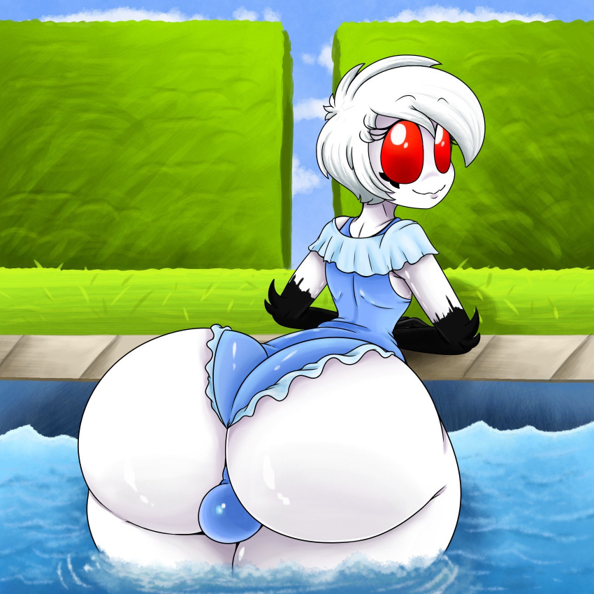 1boy alduingijinka ass balls balls_in_swimsuit big_ass big_eyes butt clarie_(alduingijinka) crossdressing cute femboy girly huge_ass looking_at_viewer looking_back looking_back_at_viewer male male_only pool red_eyes smile swimsuit trap white_hair white_skin