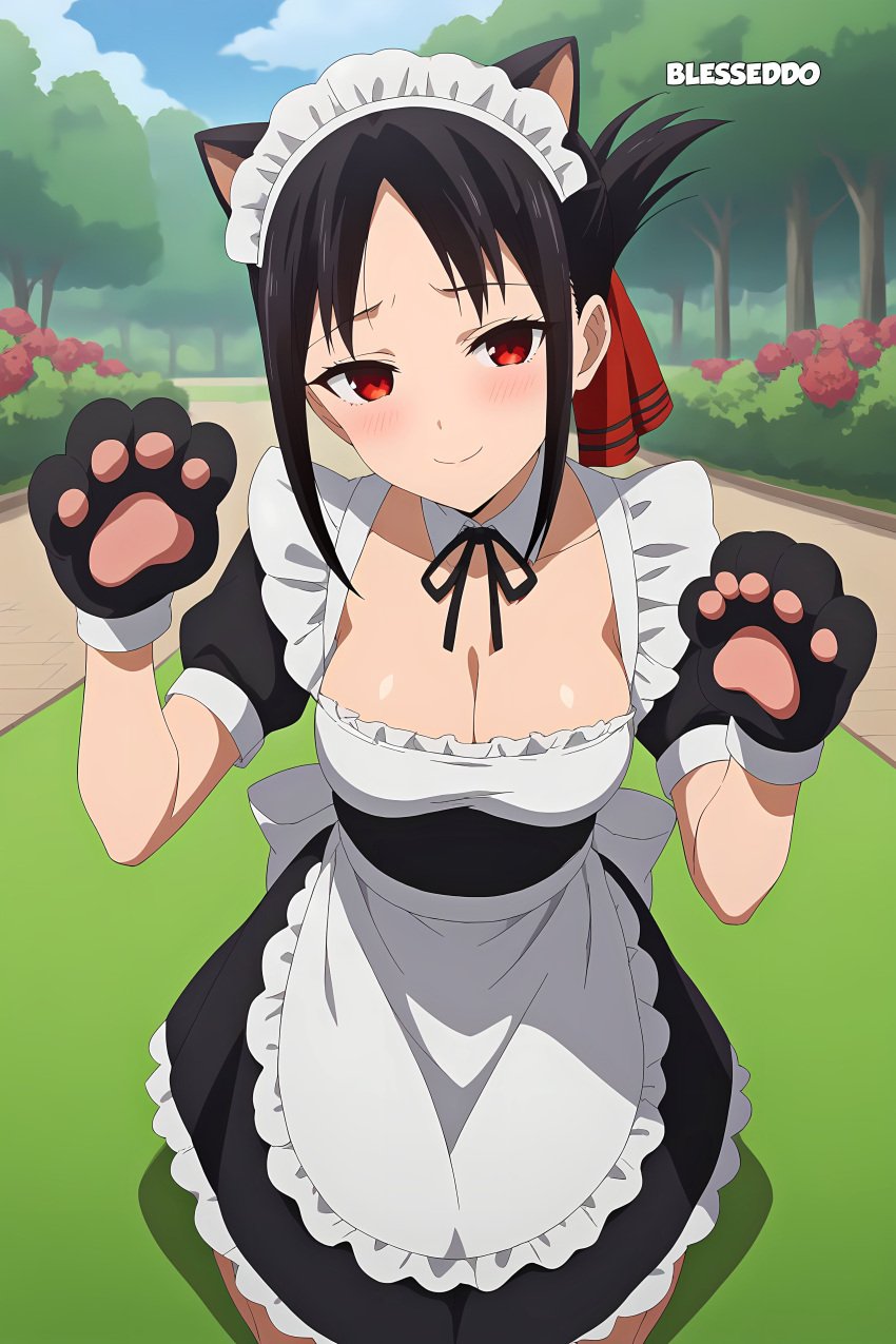 1girls ai_generated blesseddo breasts cat_ears cleavage looking_at_viewer maid maid_headdress maid_uniform red_eyes short_hair solo