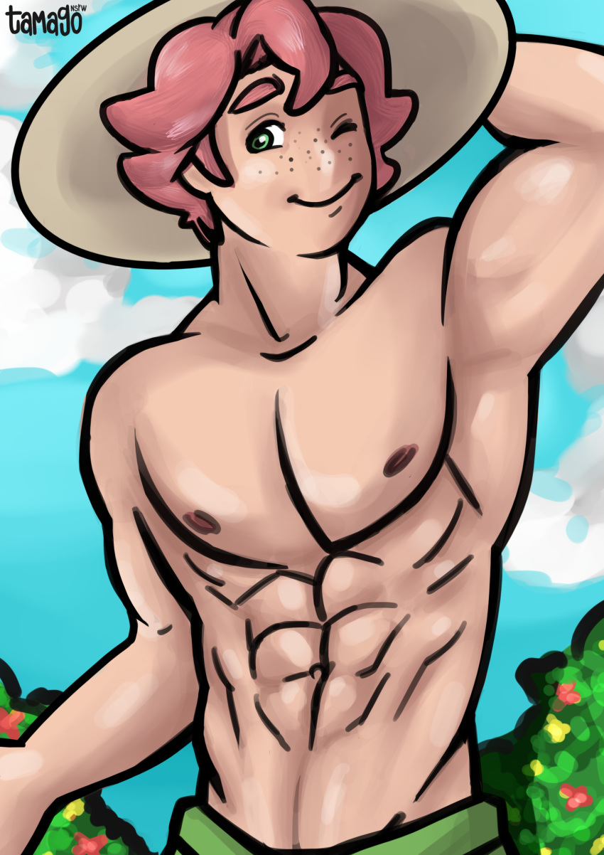 1boy abs armpits freckles gay green_eyes gym_leader hat looking_at_viewer male male_only milo_(pokemon) muscle nipples outdoors pink_hair pokemon pokemon_ss short_hair smile text topless watermark wink yaoi yarrow_(pokemon)