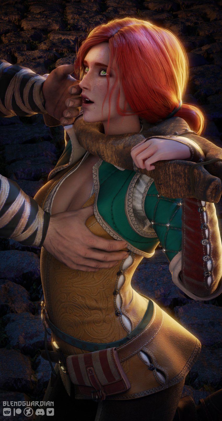 1boy 1girls 3d blendguardian breast_grab clothing female freckles hand_on_head head_grab light-skinned_female light-skinned_male male nipples red_hair the_witcher_(series) the_witcher_3:_wild_hunt triss_merigold