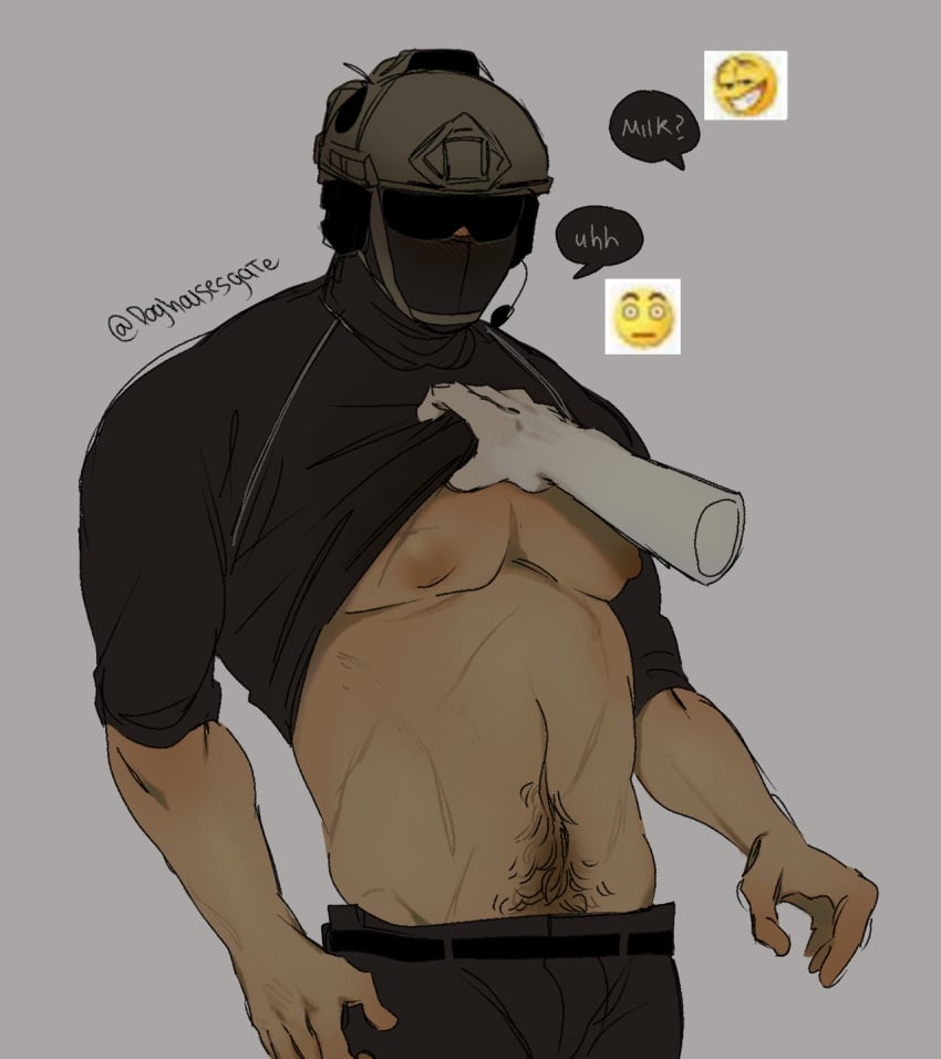 1boy barrage_(call_of_duty) beefy body_hair call_of_duty call_of_duty_modern_warfare_2_(2022) daddy exposed exposed_breasts exposed_nipples exposed_torso happy_trail lifted_shirt male_only manly masked_male modern_warfare nipples no_consent_needed no_sex no_visible_genitalia offscreen_character pubes self_insert video_game_character waxxeddoghouse y/n