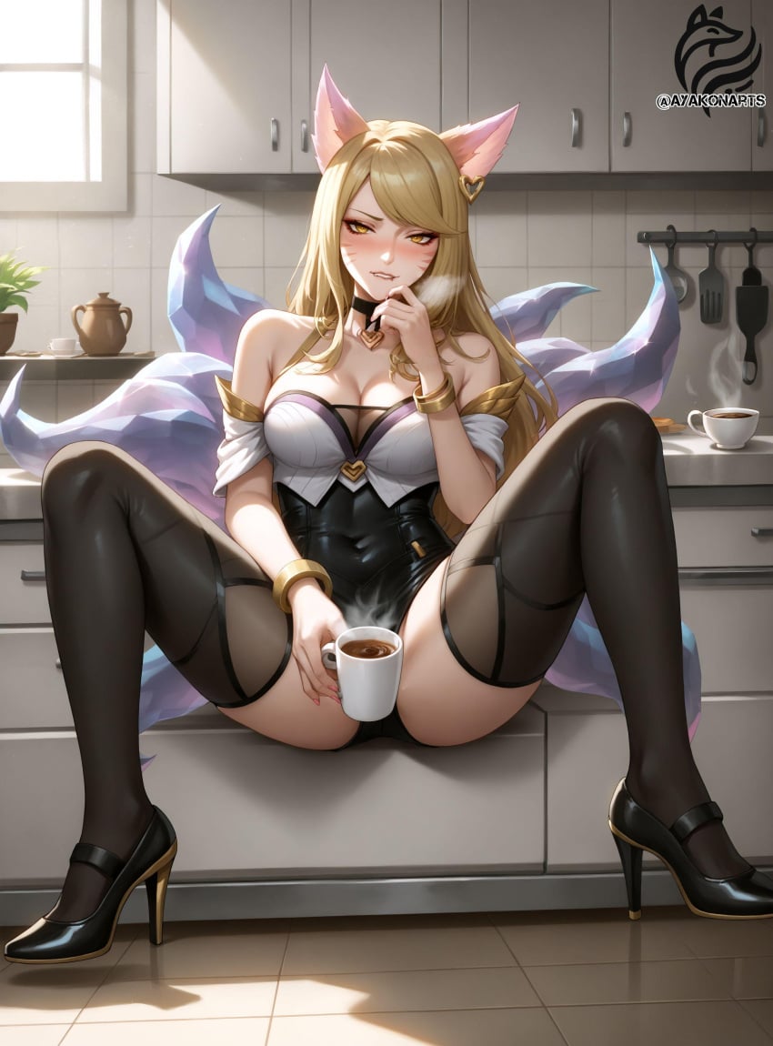 ahri ai_generated ayakonarts coffee coffee_mug idol k/da_ahri k/da_series league_of_legends spread_legs