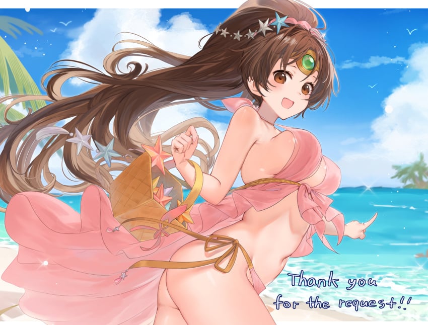 1girls alternate_costume ass basket beach big_ass bikini bird bouncing_breasts breasts brown_eyes brown_hair circlet cloud commission day english_text female female female_only fire_emblem fire_emblem:_mystery_of_the_emblem fire_emblem_heroes haru_(nakajou-28) large_breasts linde_(fire_emblem) linde_(summer)_(fire_emblem) long_hair looking_at_viewer medium_breasts navel nintendo ocean official_alternate_costume open_mouth outdoors palm_tree pink_bikini pink_swimsuit pointing ponytail side-tie_bikini_bottom sideboob skeb_commission sky solo starfish starfish_hair_ornament summer swimsuit thank_you tree very_long_hair