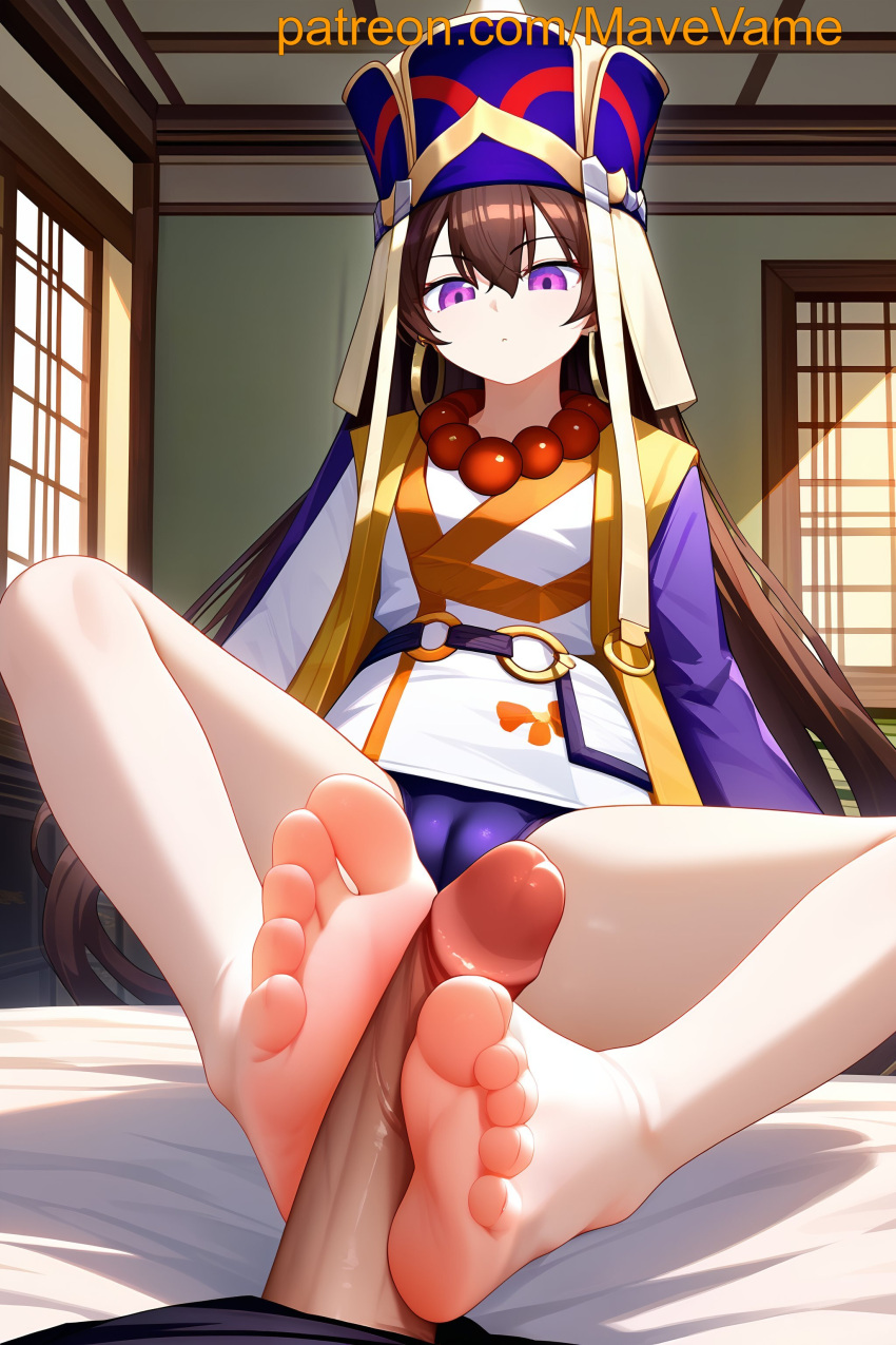 ai_generated barefoot brown_hair cock earrings fate/grand_order foot_fetish footjob masturbation penis penis_on_foot purple_eyes xuanzang_(fate)