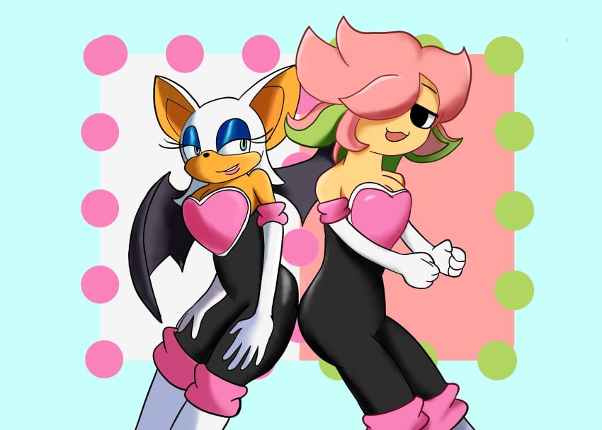 anthro anthro_only ass_smack blue_eyelids bodysuit cimpoi98 footwear gloves green_hair leggings lipstick open_mouth pink_hair pink_lips pink_lipstick rouge_the_bat rouge_the_bat_(cosplay) short_cxke sonic_(series) thick_ass thick_thighs white_fur