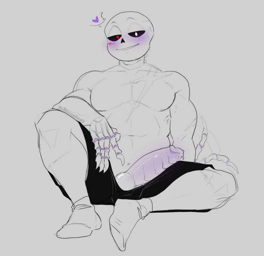 cross_sans cross_sans_(fan_character) dad_bod give_us_your_balls grey_background heart monochrome sans sans_(undertale) sans_au shorts shorts_down shorts_pull socks undertale