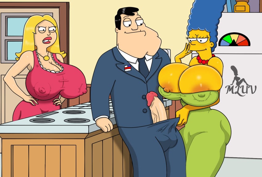 1boy 20th_century_fox 20th_century_studios 2girls american_dad big_ass big_penis blue_hair boob_window breasts breasts_bigger_than_head casual_nudity cheating_husband clothed clothing crossover female francine_smith hair_blue huge_breasts male marge_simpson milf mluv nipples nipples_visible_through_clothing no_bra penis penis_out revealing_clothes sideboob stan_smith the_simpsons