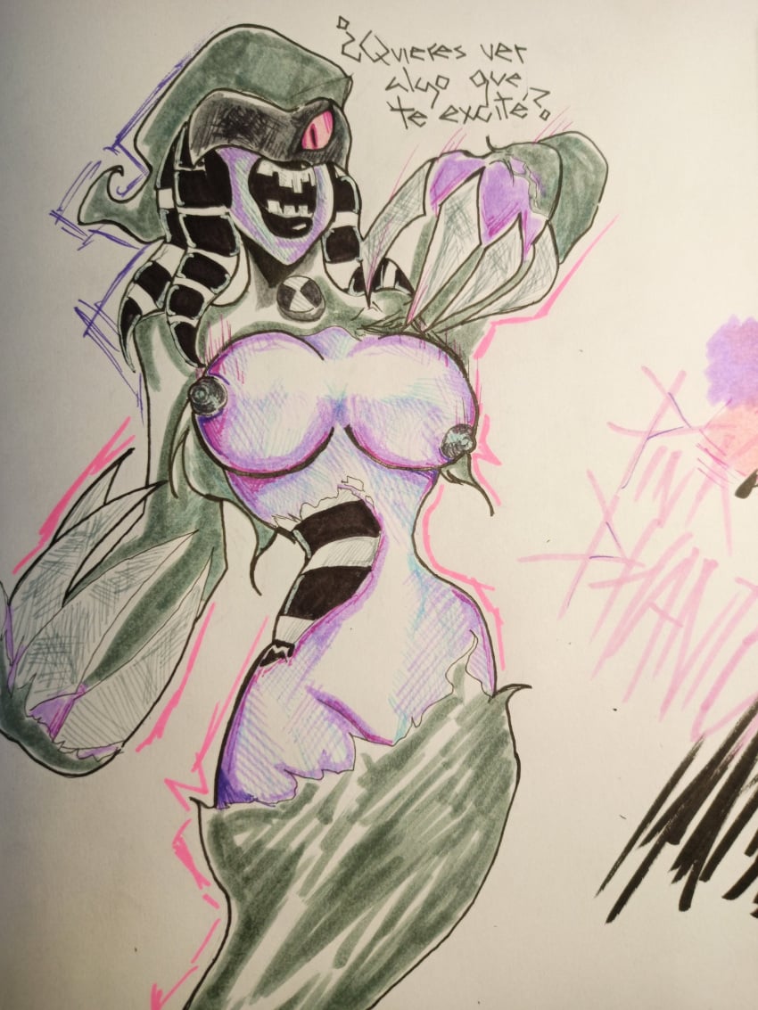 1girls alien alien_girl alien_humanoid ben_10 big_breasts birusbic black_lipstick breasts breasts_out ectonurite ghost_girl ghostfreak grey_nipples nipples pink_eyes purple_skin rule63 spanish_text text