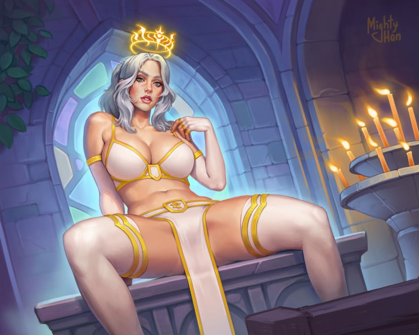 1girls big_breasts blue_eyes breasts busty clothed_female curvy curvy_body curvy_figure curvy_hips curvy_thighs female female_only grey_hair hips human loincloth looking_at_viewer mighty_han pale-skinned_female pale_skin pose posing sitting solo stockings thick_thighs thighs warcraft wide_hips world_of_warcraft wow