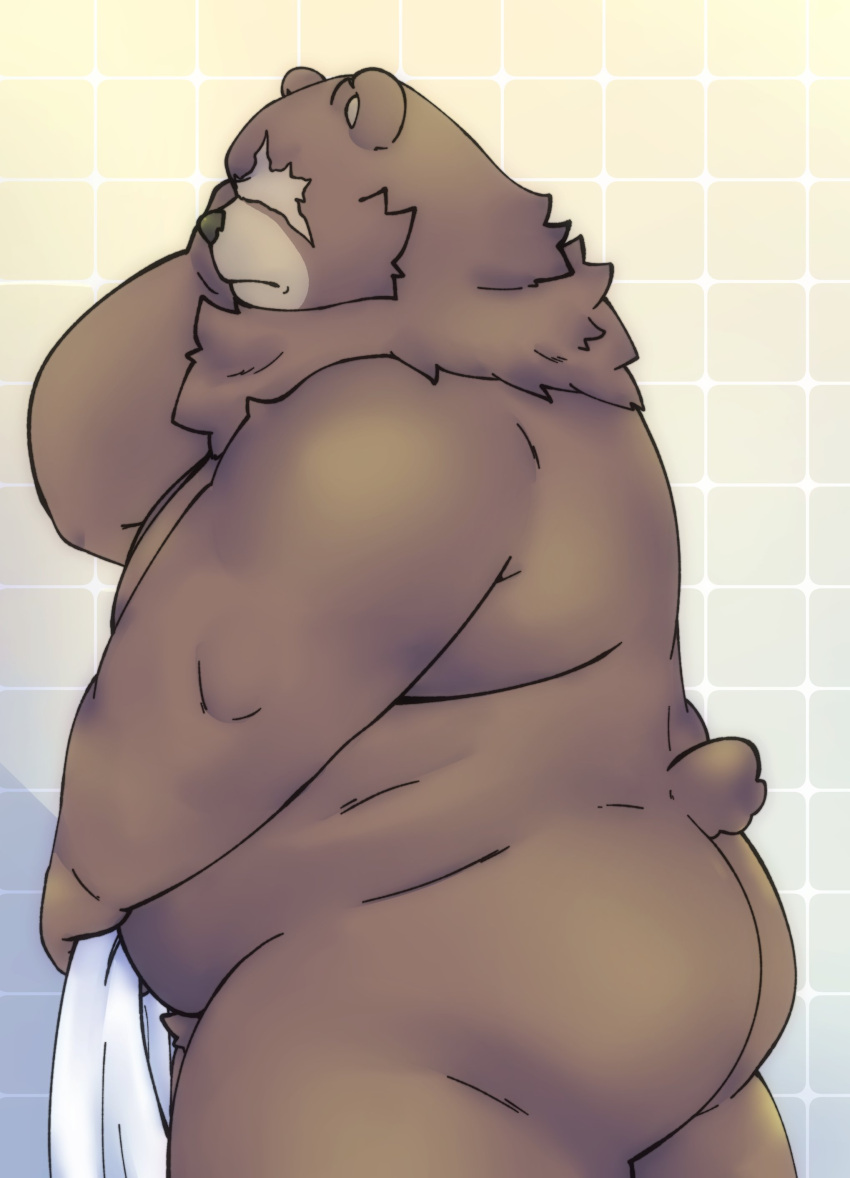 2024 absurd_res anthro ass barely_visible_genitalia barely_visible_penis bear belly ben_bigger brown_body genitals hi_res kemono khuanzg male male_only mammal mihoyo moobs overweight overweight_male penis scar solo towel zenless_zone_zero